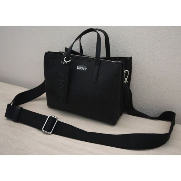 DKNY R52DAL34 O/S Black Perforated Monogram Fidela Satchel/Crossbody Bag - Picture 4 of 16